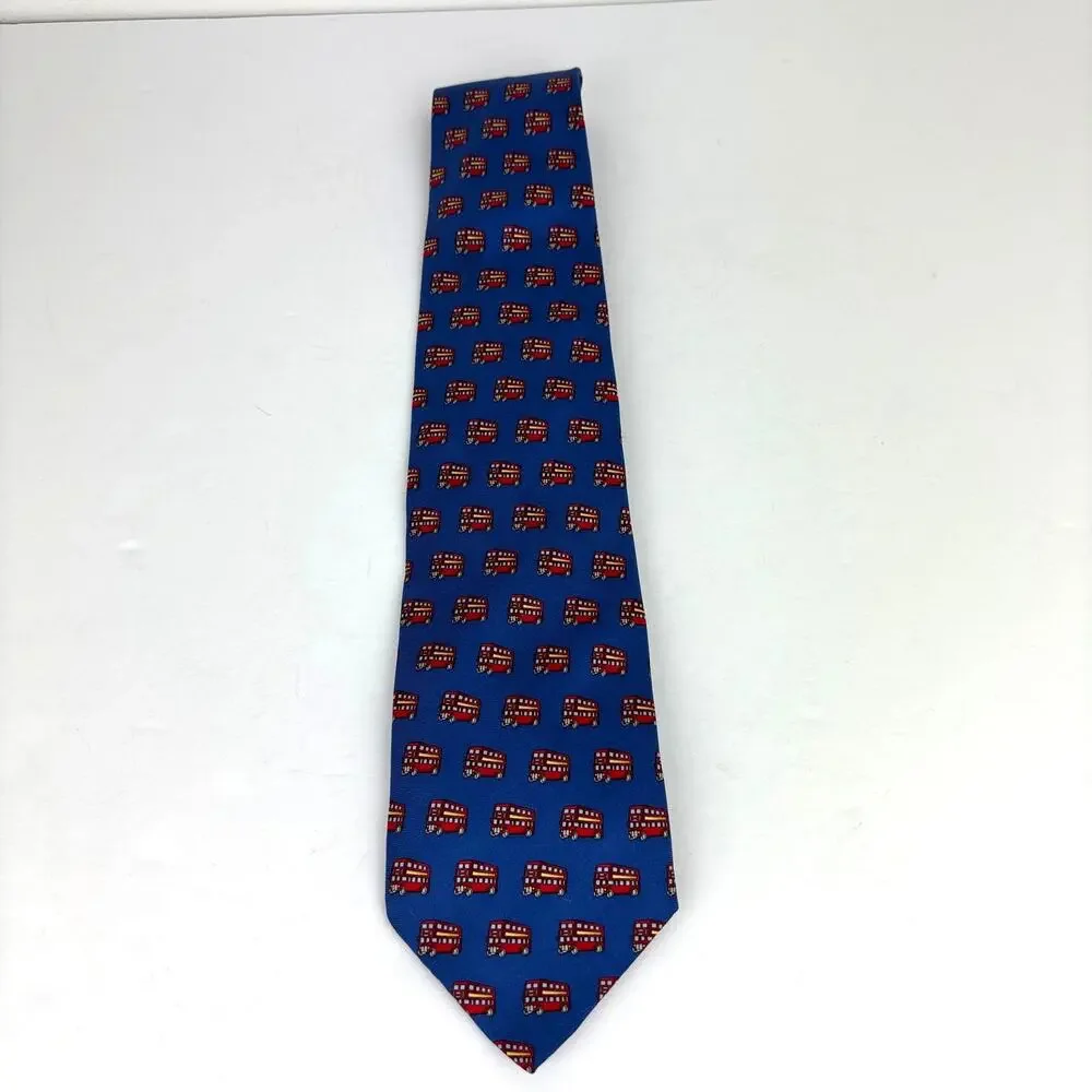Silk Tie London Double Decker Bus Print Beaufort Tie Rack 100% silk vintage blue